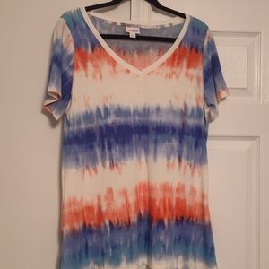 LuLaRoe Red, White & Blue Perfect Tee Tie-Dye V-Neck Top. Size Large.